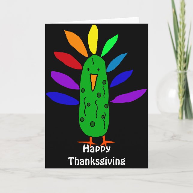 Funny Turkey Pickle Thanksgiving Cartoon Holiday Card (Front)