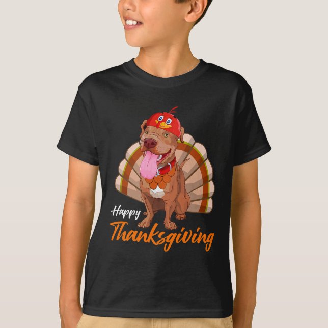 Funny Turkey Pitbull Dog Maple Leaf Fall Vibes Tha T-Shirt (Front)