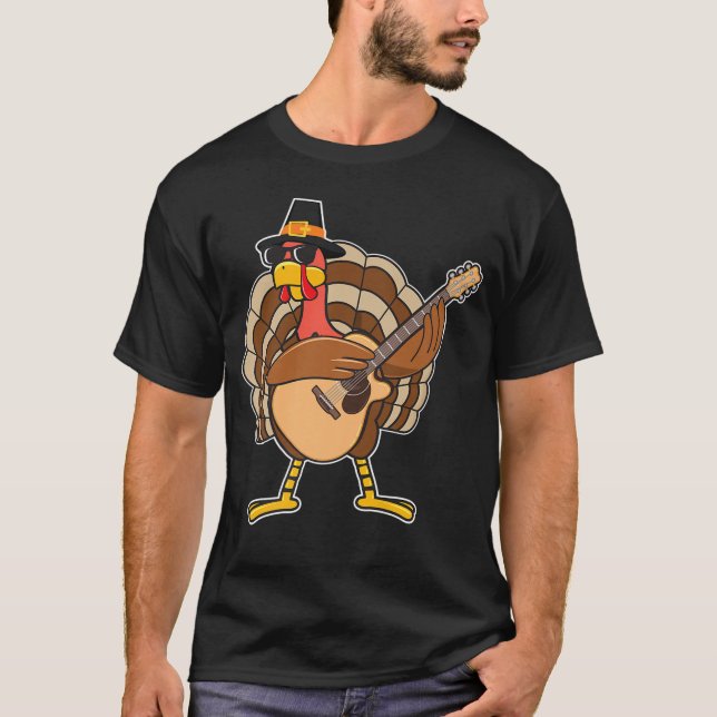 Funny Turkey Playing Guitar Thanksgiving T-Shirt (Front)