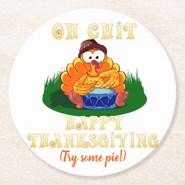 Funny Turkey Realises It's Thanksgiving!  Round Paper Coaster (Front)
