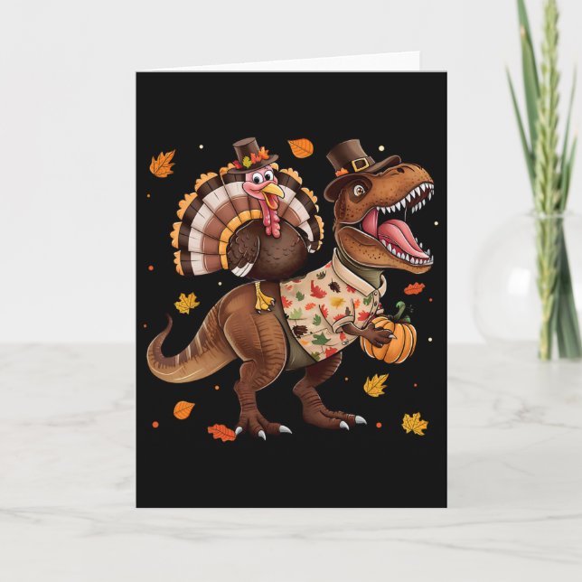 Funny Turkey Riding Dinosaur T Rex Thanksgiving Bo Card (Front)