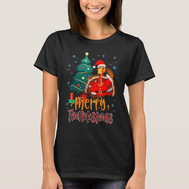 Funny Turkey Santa Merry Thanksmas Christmas Thank T-Shirt (Front)