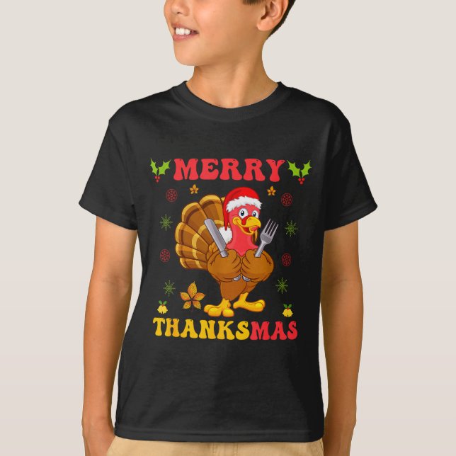 Funny Turkey Santa Merry Thanksmas Christmas Thank T-Shirt (Front)