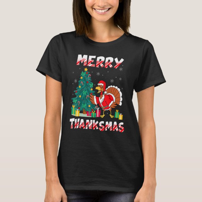 Funny Turkey Santa Merry Thanksmas Christmas Thank T-Shirt (Front)