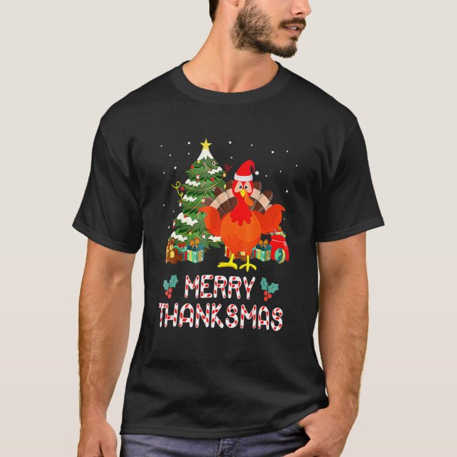 Funny Turkey Santa Merry Thanksmas Christmas Thank T-Shirt (Front)