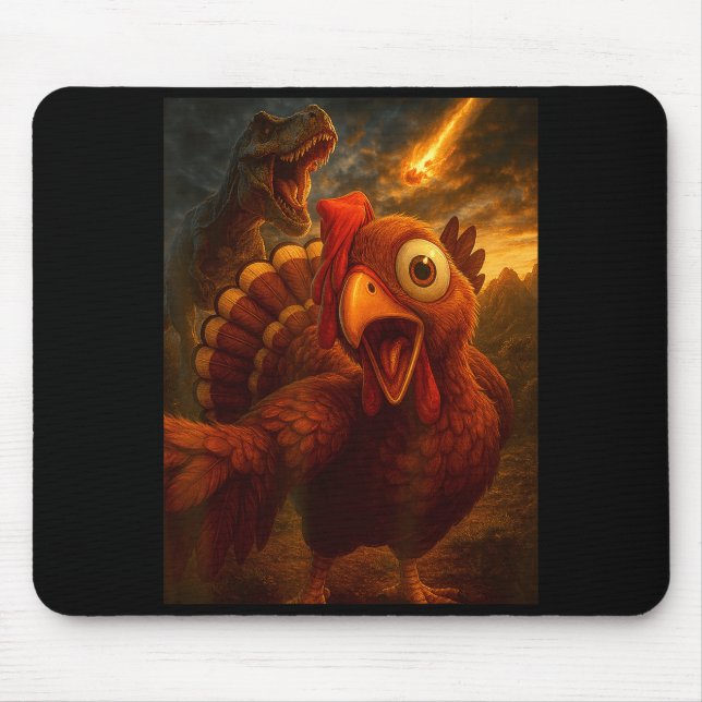 Funny Turkey Selfie With Dinosaur And Meteor Acaly Mouse Mat (Front)