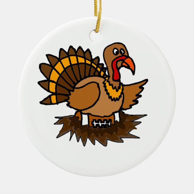 Funny Turkey Sitting on Football in Nest Ceramic Tree Decoration (Front)
