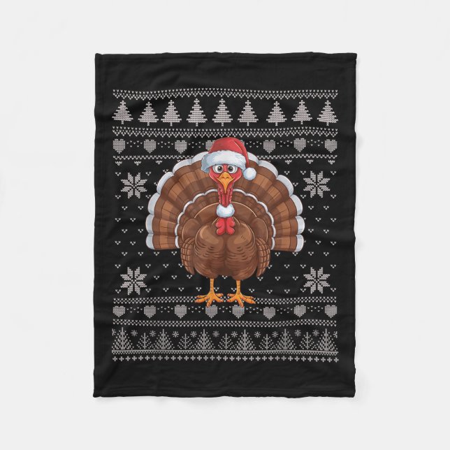 Funny Turkey Ugly Christmas Sweater Santa Xmas Pjs Fleece Blanket (Front)