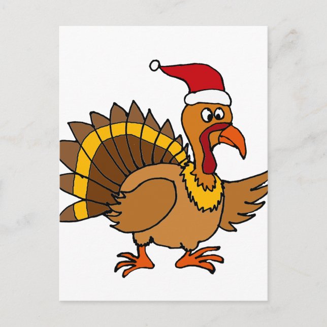 Funny Turkey Wearing Red Santa Hat Christmas Art Holiday Postcard (Front)
