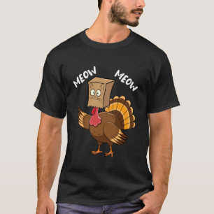 Funny Turkey with Cat Face Thankful Feast Party Th T-Shirt