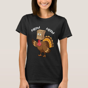 Funny Turkey with Cat Face Thankful Feast Party Th T-Shirt
