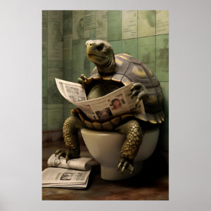 Funny Turtle Bathroom Print, Toilet Newspaper Art Poster