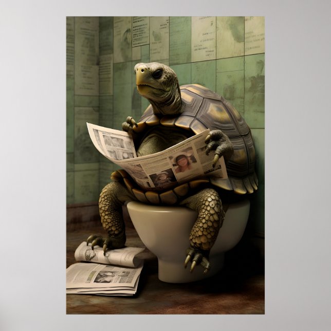 Funny Turtle Bathroom Print, Toilet Newspaper Art Poster (Front)