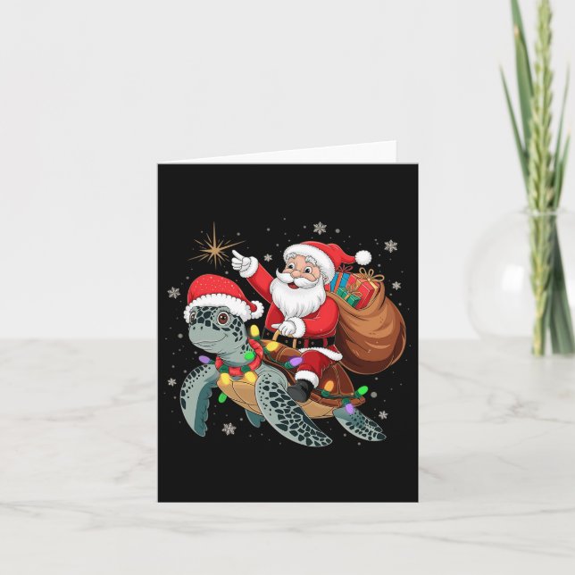 Funny Turtle Christmas Santa Riding Sea Turtle Xma Card (Front)