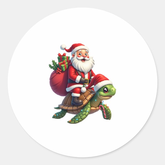 Funny Turtle Christmas Santa Riding Sea Turtle Xma Classic Round Sticker (Front)