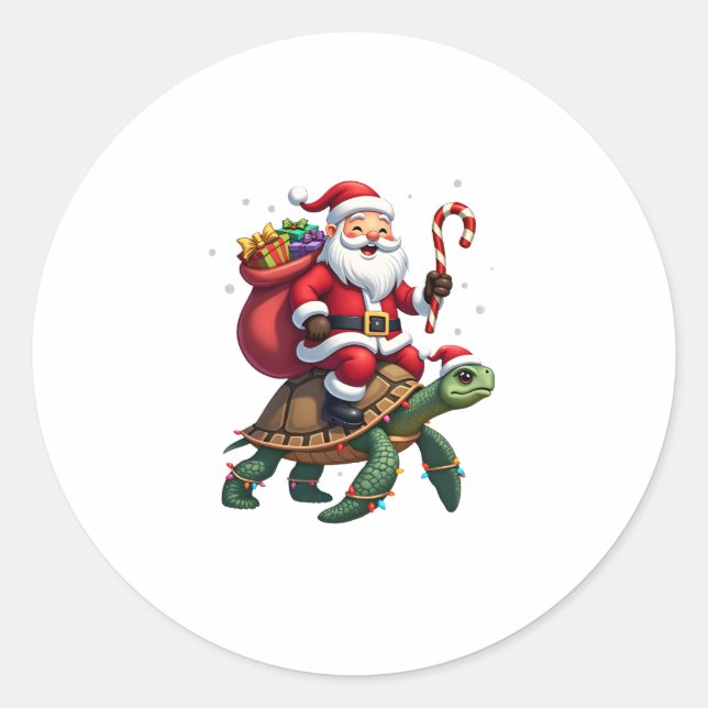 Funny Turtle Christmas Santa Riding Sea Turtle Xma Classic Round Sticker (Front)