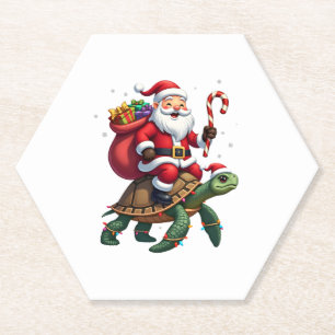 Funny Turtle Christmas Santa Riding Sea Turtle Xma Paper Coaster