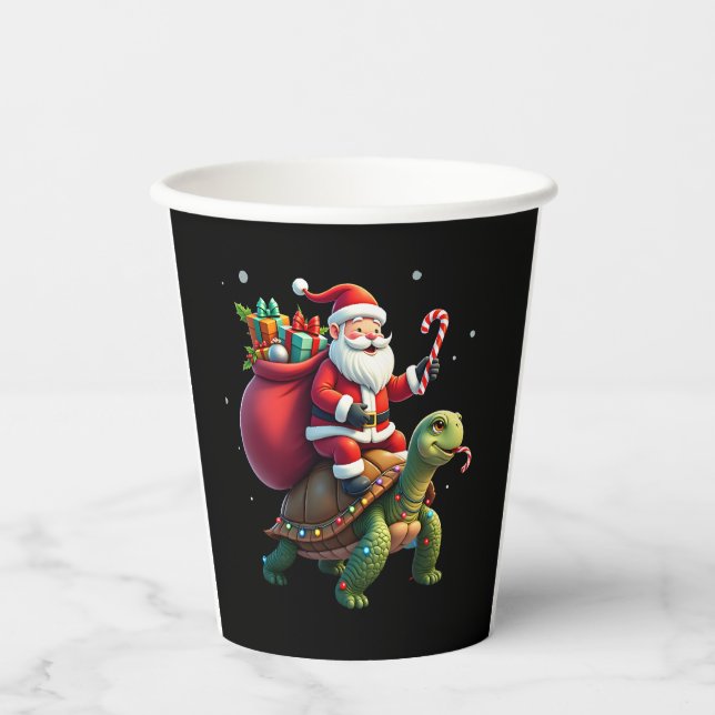 Funny Turtle Christmas Santa Riding Sea Turtle Xma Paper Cups (Front)