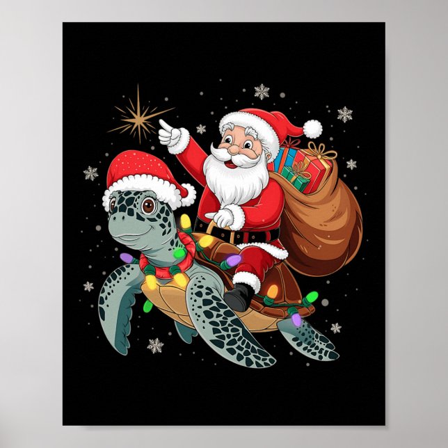 Funny Turtle Christmas Santa Riding Sea Turtle Xma Poster (Front)