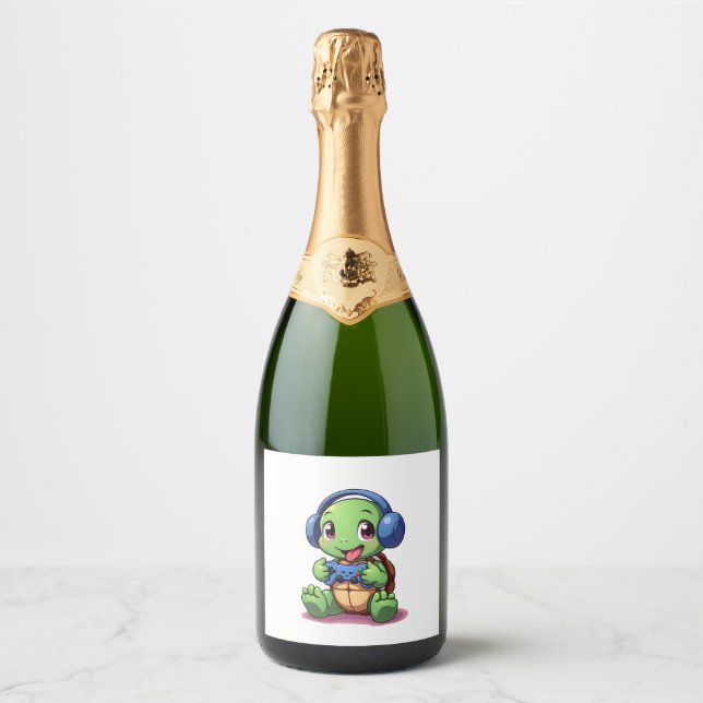 Funny Turtle Gamer Gaming Turtles Video Game (2) Sparkling Wine Label (Front)