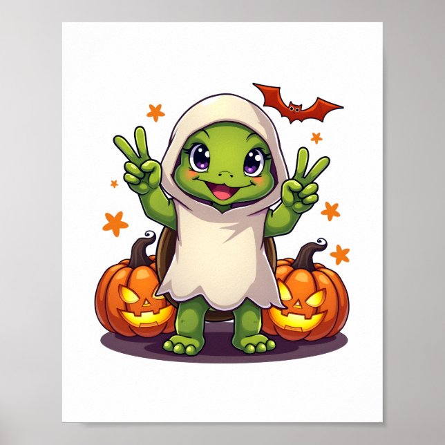 Funny Turtle Ghost Pumpkin Boo Halloween Kids Mens Poster (Front)
