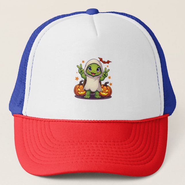 Funny Turtle Ghost Pumpkin Boo Halloween Kids Mens Trucker Hat (Front)