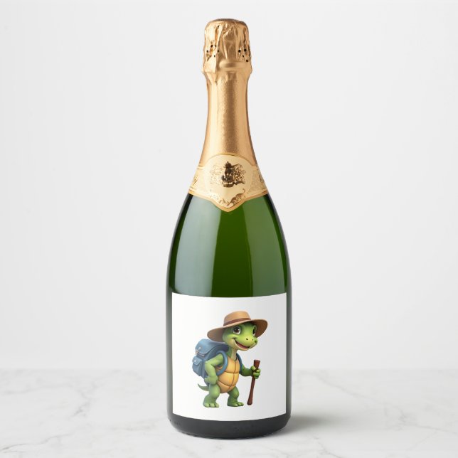 Funny Turtle Hiking Graphic Camping Lover Adventur Sparkling Wine Label (Front)