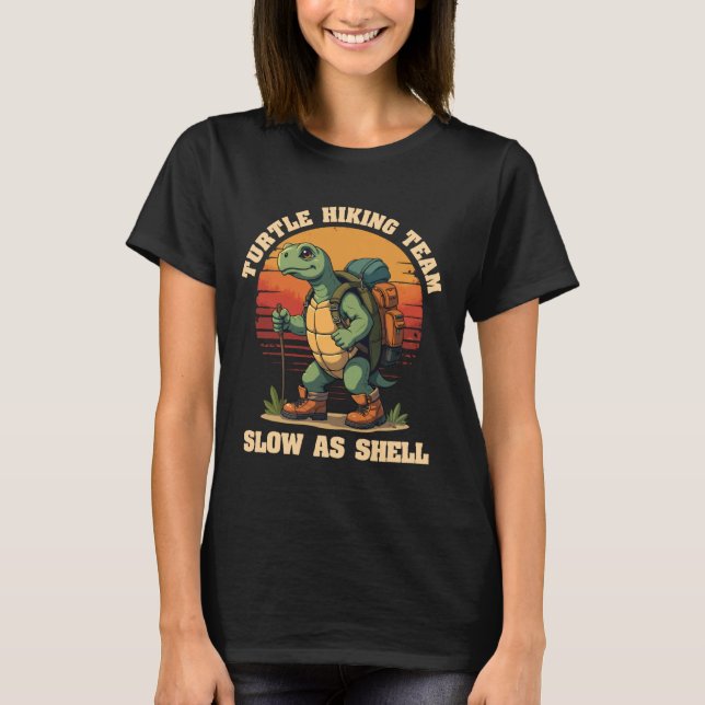 Funny Turtle Hiking Team Slow As Shell Retro Sunse T-Shirt (Front)