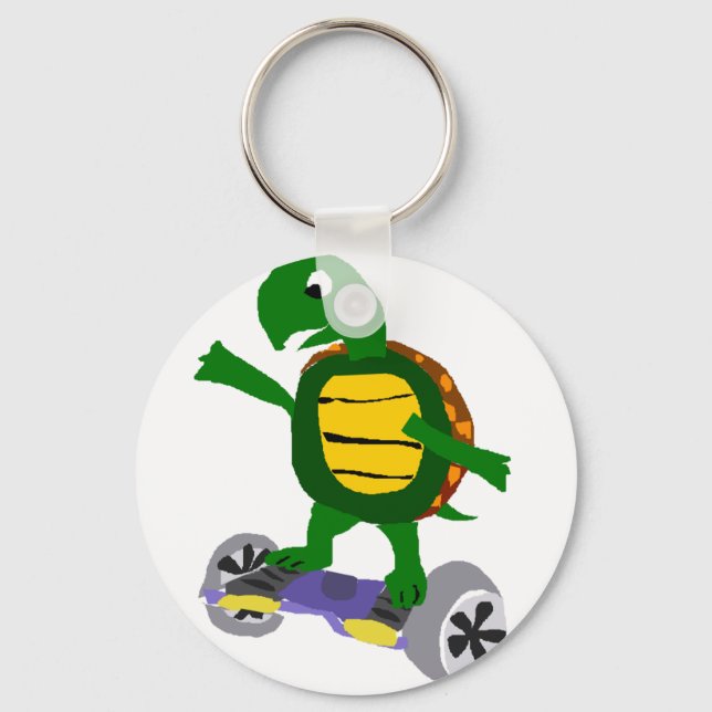 Funny Turtle on Hoverboard Original Art Key Ring (Front)