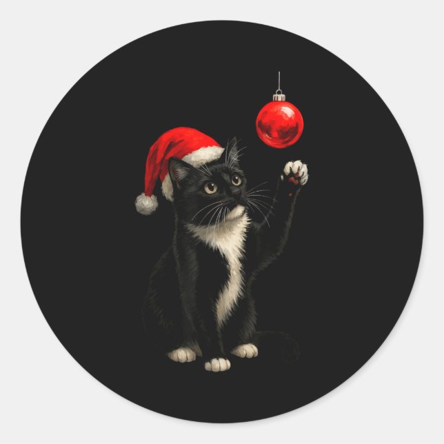 Funny Tuxedo Bauble Cat Santa Hat Red Xmas Christm Classic Round Sticker (Front)