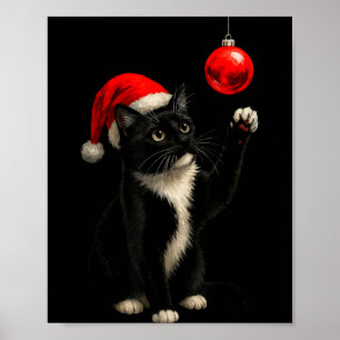 Funny Tuxedo Bauble Cat Santa Hat Red Xmas Christm Poster
