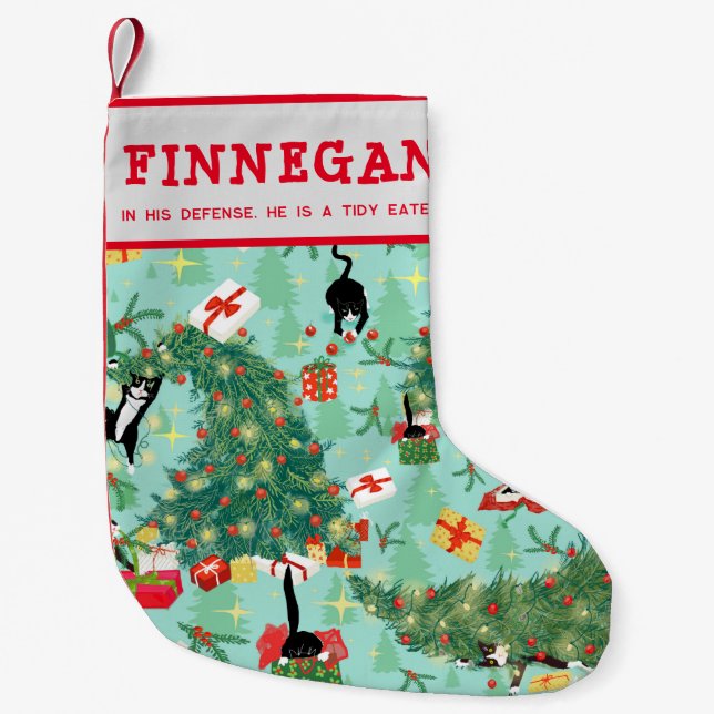 Funny Tuxedo Cat and Christmas Tree Custom Small Christmas Stocking (Front)