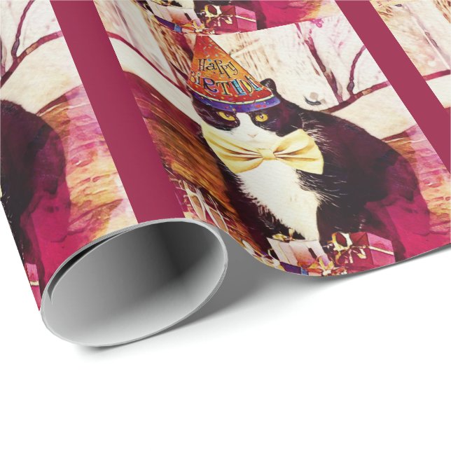 Funny tuxedo cat birthday wrapping paper (Roll Corner)
