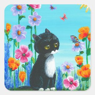 Funny Tuxedo Cat Butterflies Creationarts Square Sticker