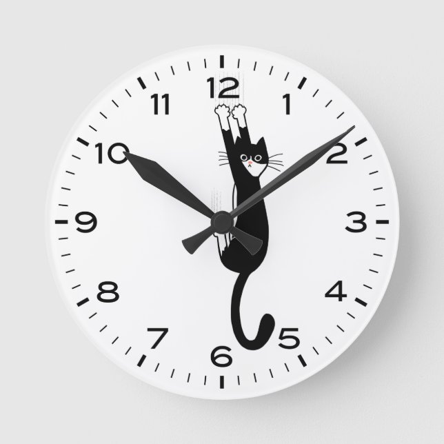 Funny Tuxedo Cat Hanging On Black and White Round Clock (Front)