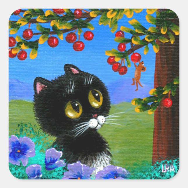 Funny Tuxedo Cat Mouse Creationarts Square Sticker (Front)