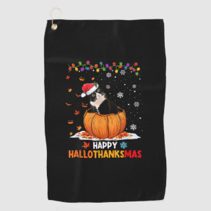 Funny Tuxedo Cat On Pumpkin Happy Hallothanksmas Golf Towel