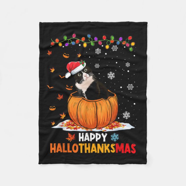 Funny Tuxedo Cat On Pumpkin Happy Hallothanksmas M Fleece Blanket (Front)