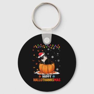 Funny Tuxedo Cat On Pumpkin Happy Hallothanksmas M Key Ring