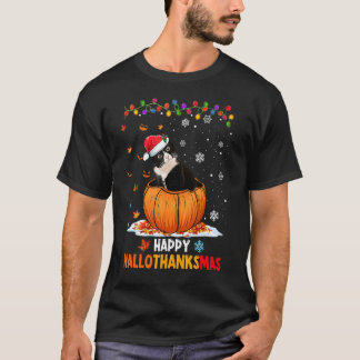 Funny Tuxedo Cat On Pumpkin Happy Hallothanksmas T-Shirt
