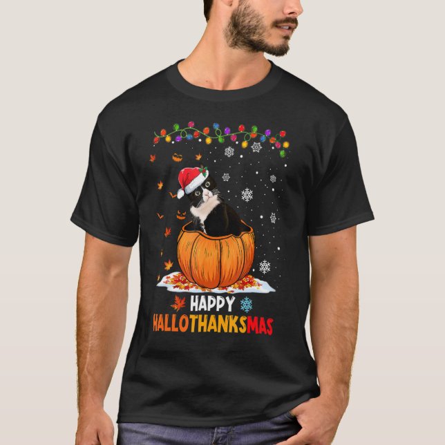Funny Tuxedo Cat On Pumpkin Happy Hallothanksmas T-Shirt (Front)