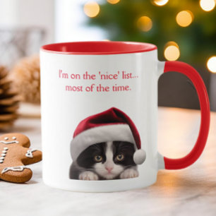 Funny Tuxedo Cat Santa Hat Nice List Personalised  Mug