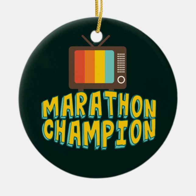 Funny TV Marathon Champion Ceramic Tree Decoration (Front)
