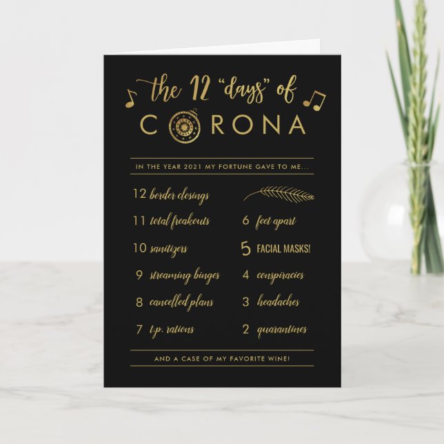 Funny Twelve Days of Corona Christmas Gold Black Holiday Card (Front)