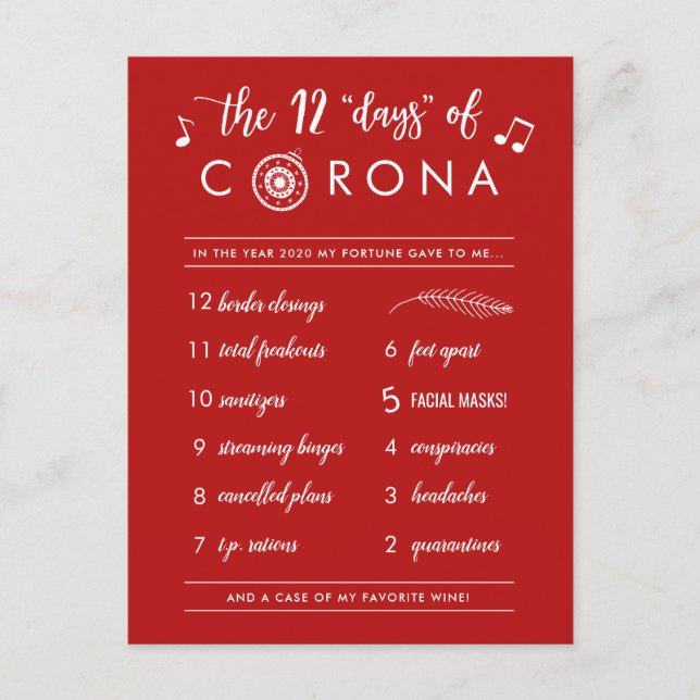 Funny Twelve Days of Corona |  Modern White Red Holiday Postcard (Front)