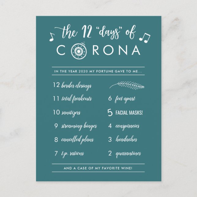Funny Twelve Days of Corona |  Modern White Teal Holiday Postcard (Front)