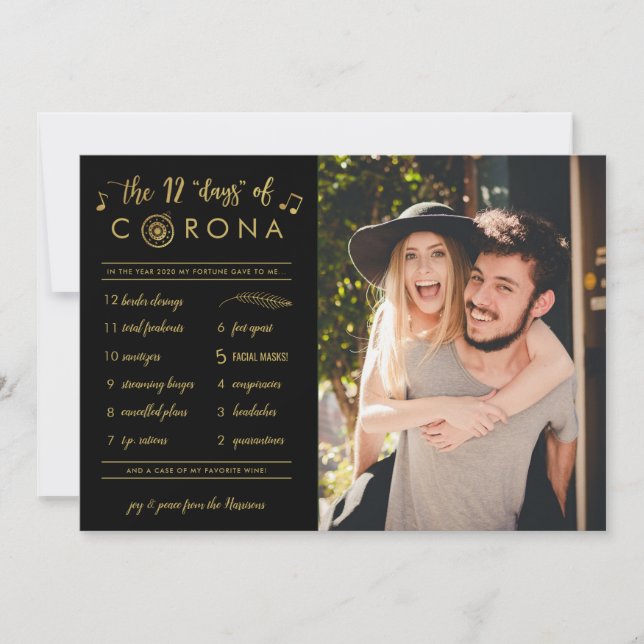 Funny Twelve Days of Corona Photo Gold Black Holiday Card (Front)