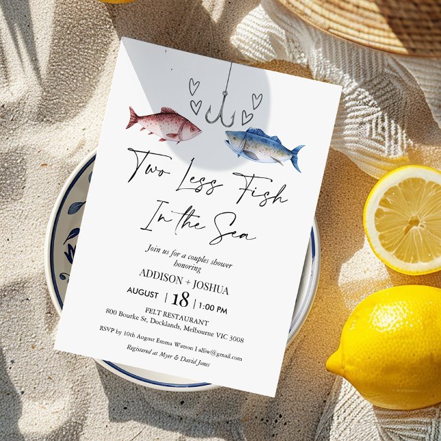 Funny Two Less Fish In Sea Bridal Couples Shower Invitation (Funny Two Less Fish In The Sea Couples Shower Invitation Template, Two Less Fish Bridal Shower )