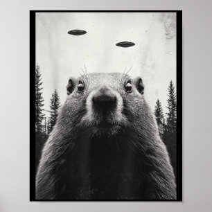 Funny Ufo Alien Abduct Groundhog Cute Woodchuck Gr Poster