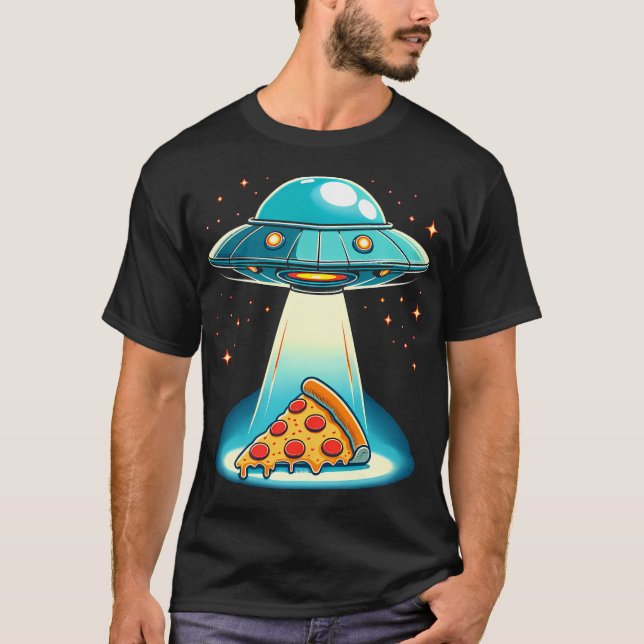 Funny Ufo Beaming Pizza T-Shirt (Front)